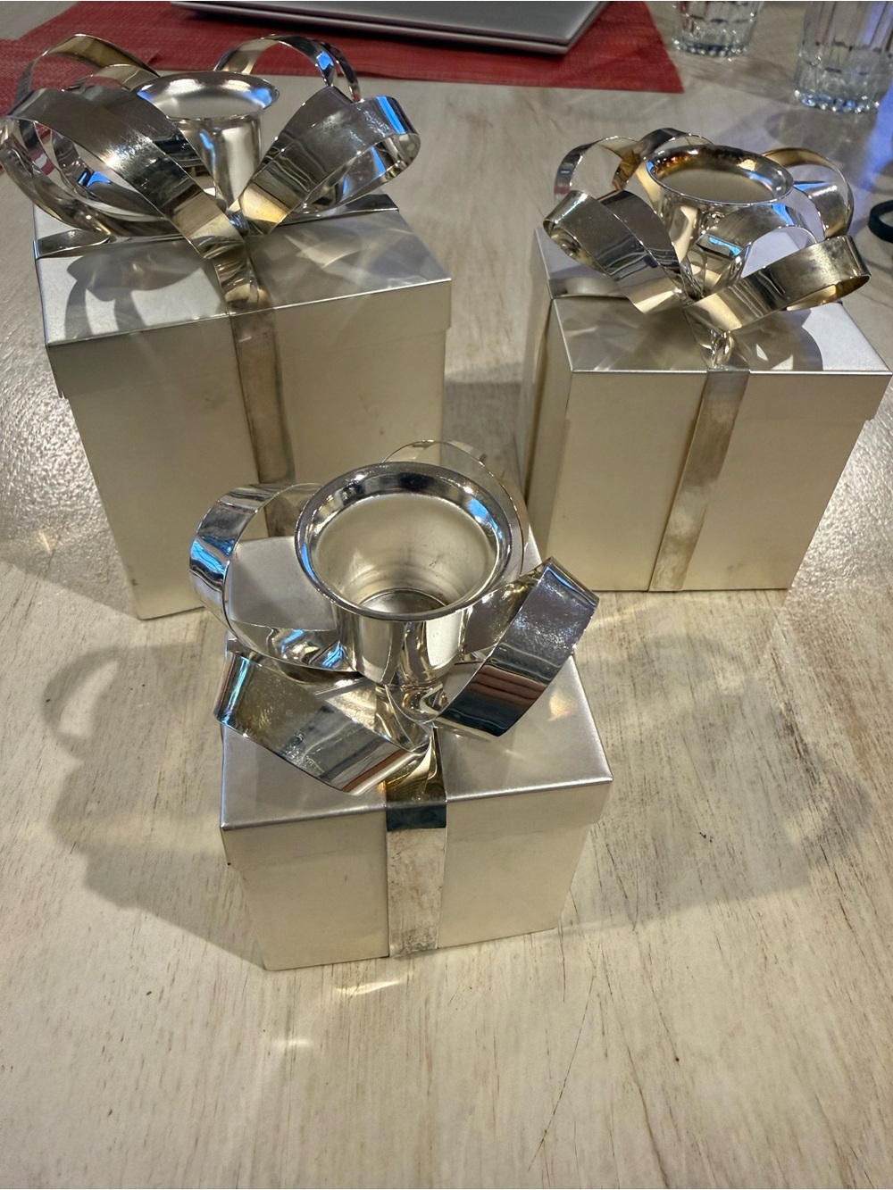 Vintage Set of 3 Godinger Holiday Wrapped Present Gift Box Candle Holders